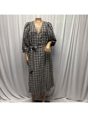 A New Day Plaid Midi Wrap Dress Womens Size Medium Puff Sleeves Belted Casual